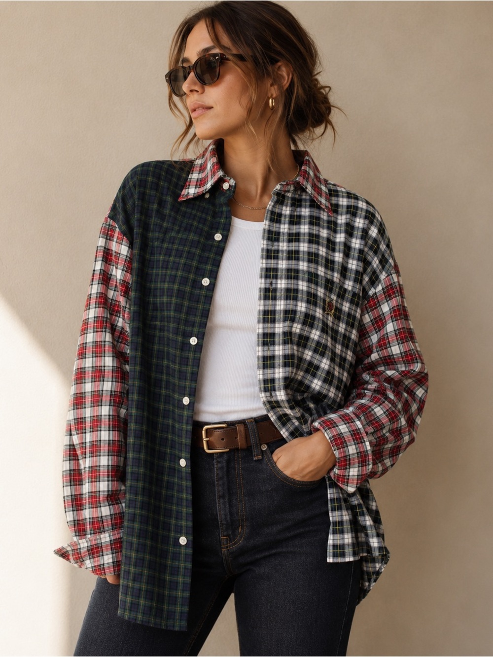 Vintage 90s Tommy Hilfiger Patchwork Plaid Oxford Shirt Crest Logo XL